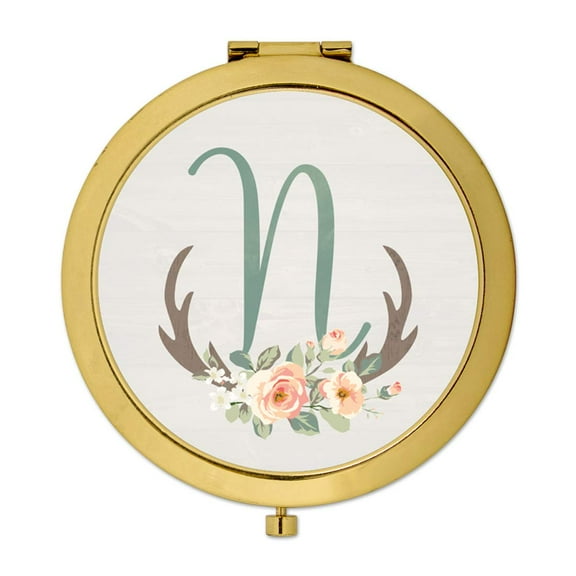 Koyal Wholesale Gold Compact Mirror Bridesmaid's Wedding Gift, Floral Rustic Deer Antlers, Monogram Letter N, 1-Pack