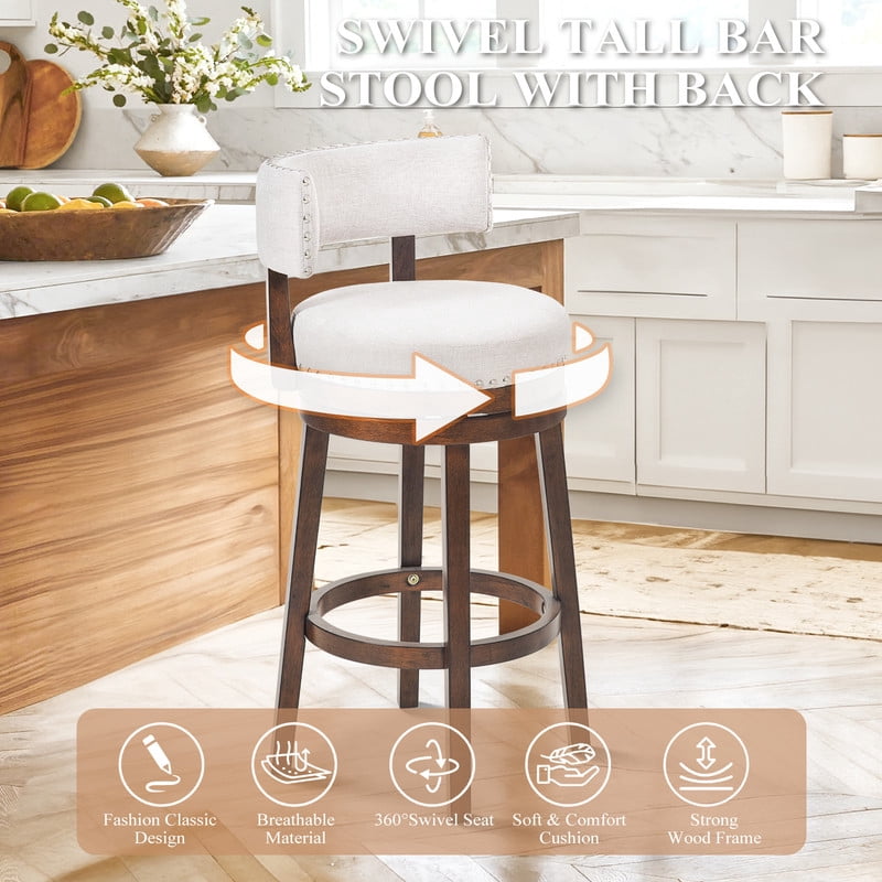 COLAMY Swivel Bar Stools Set of 4, 30 Inch Bar Height Stools, Modern Upholstered Wood Bar Chairs with Back for Kitchen Island & Home Bar, Heavy Duty 300 lbs Capacity, Fits 40-45" Bar Height, Beige