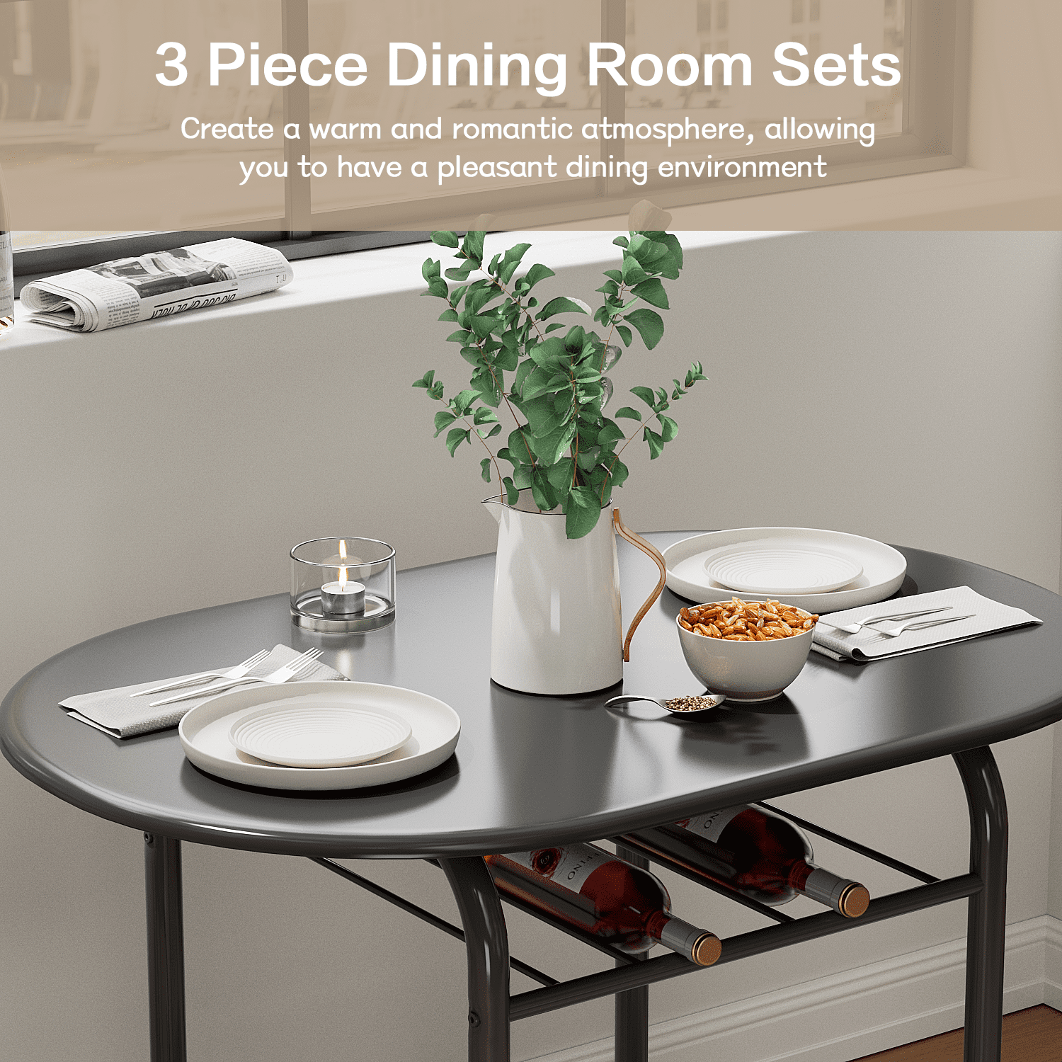 Vineego 3 Pieces Dining Set for 2 Small Kitchen Breakfast Table Set Space Saving Wooden Chairs and Table Set,Black