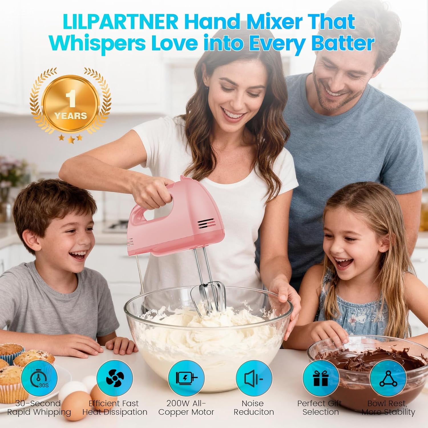 Hand Mixer Electric, Small Food 7 Speeds Handheld Blender, 304 *(2* Beater, 2*Dough Hook) Kitchen Blender for Cream, Cookies, Dishwasher Safe