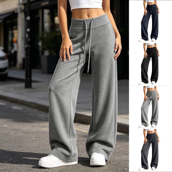 HomeDM Womens Sweat Pants Drawstring Waistband with Pockets Wide Leg Baggy Casual Gray Sweatpants Size L
