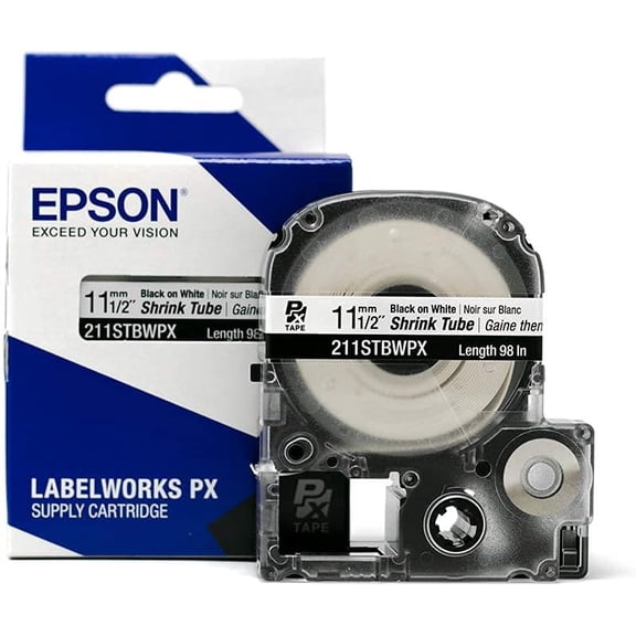 Epson LABELWORKS 211STBWPX - Black on White Shrink Tube Label Maker Tape - AWG 2-8, 1/2" (11MM) Wide, 8 ft (96")