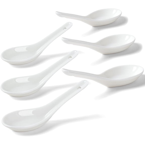 Soup Spoons Set of 6, Asian Ceramic Soup Spoons 5.3" Ramen Spoons for Pho Miso Wonton Ramen Dumpling Macaron, Dishwasher & Oven Safe