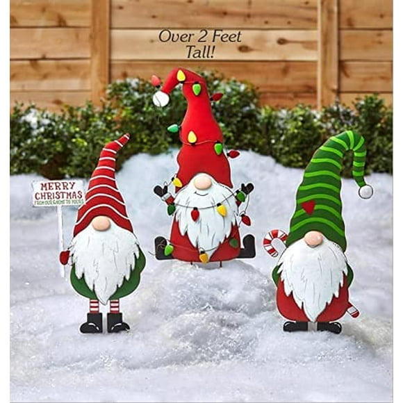 Bâton de Jardin de Gnome en Métal, Christmas Gnome en Métal Signes Décorations de Jardin Automne Récolte Jardin Ornement en Métal Piquets de Jardin pour Décor d'Automne Décor de Noël (3PCS)