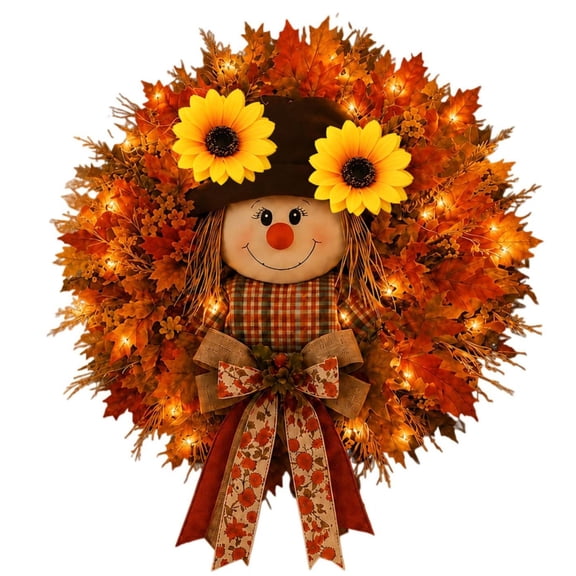 Lighted Scarecrow Fall Wreaths for Front Door, Autumn Harvest Sunflower Maple Wreath, Farmhouse Burlap Bow, for Autumn Harvest Thanksgiving Outdoor Indoor Wall Home Decor