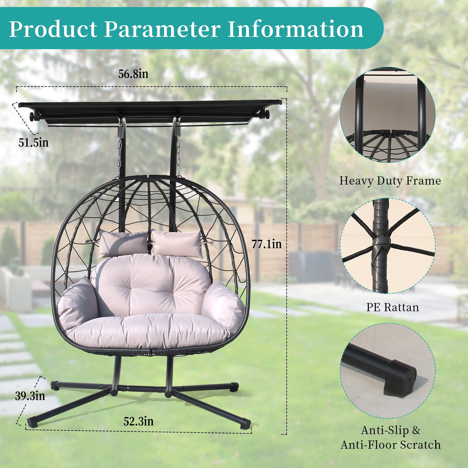 FKSLIFE Outdoor Indoor Double Hanging Wicker Egg Chair Swing With Stand Canopy Cushion for Patio Garden Bedroom Living Room Max 620lbs