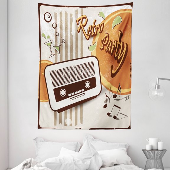 70s Party Decorations Tapestry, Retro Party Theme Art Old Radio Cocktails Floral Details, Wall Hanging for Bedroom Living Room Dorm Decor, 60W X 80L Inches, Orange Dark Brown Beige, by Ambesonne