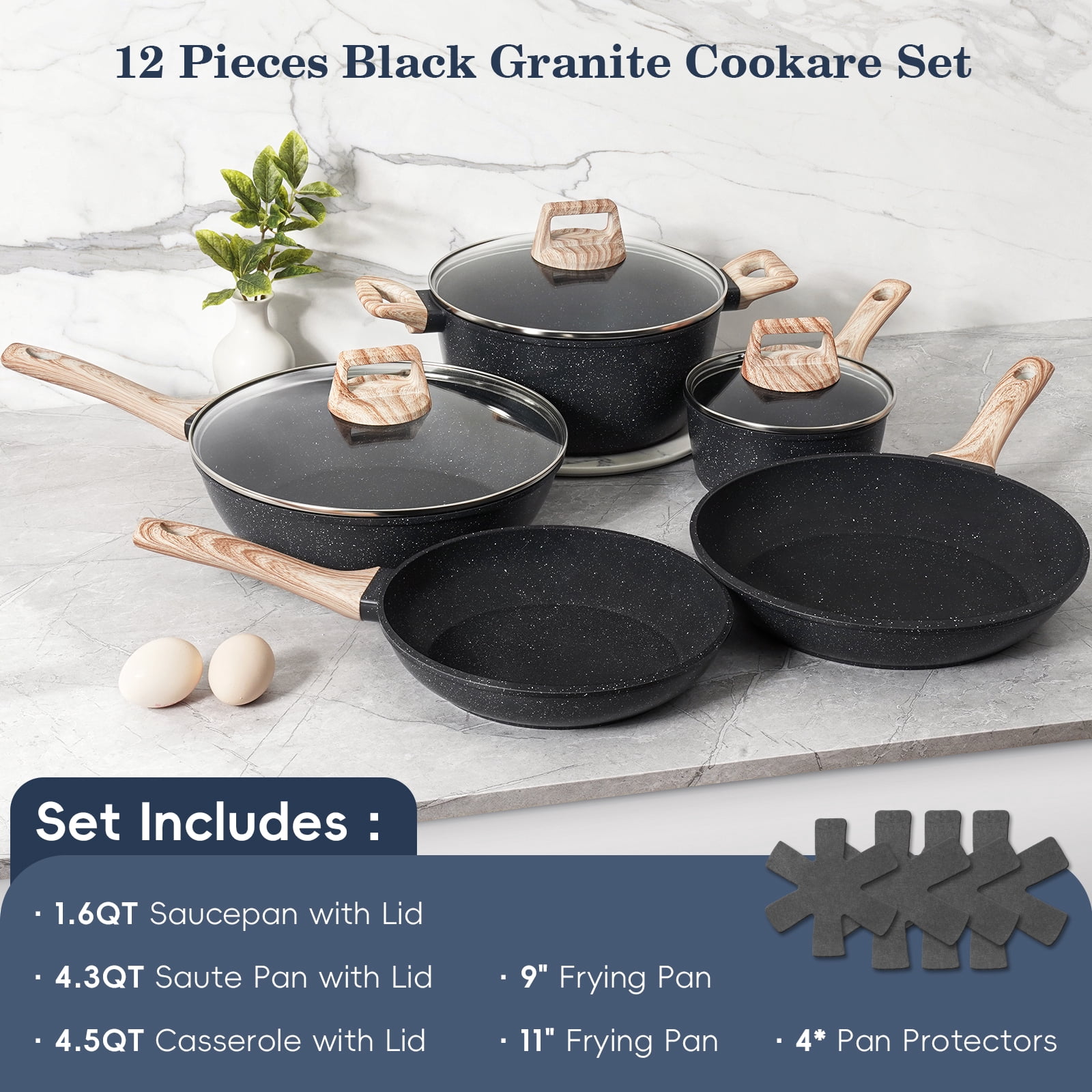 Soday 12 Piece Pots and Pans Set Granite Cookware Nonstick Skillet Frying Pan Kitchen Cooking Set,Black