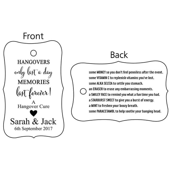 100 PCS Hangovers Custom Made Hang Tags Front and Back Personalized Text Wedding Favor Gift Paper Tags- Colors Available