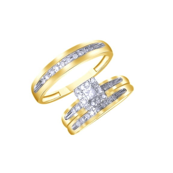 AFFY White Natural Diamond Engagement & Wedding Trio Bridal Ring Set In 10k Yellow Gold (0.35 Cttw)