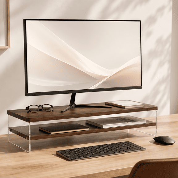 GYSIBAPO 2-Tier Acrylic Monitor Riser, Ergonomic Computer Stand with MDF Shelves, 50 lbs Capacity for Home Office Vanity, Walnut