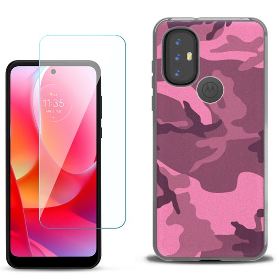 Slim-Fit Gel TPU Phone Case for Motorola Moto G Power 2022, with Tempered Glass Screen Protector, by OneToughShield ® - Camo Pink