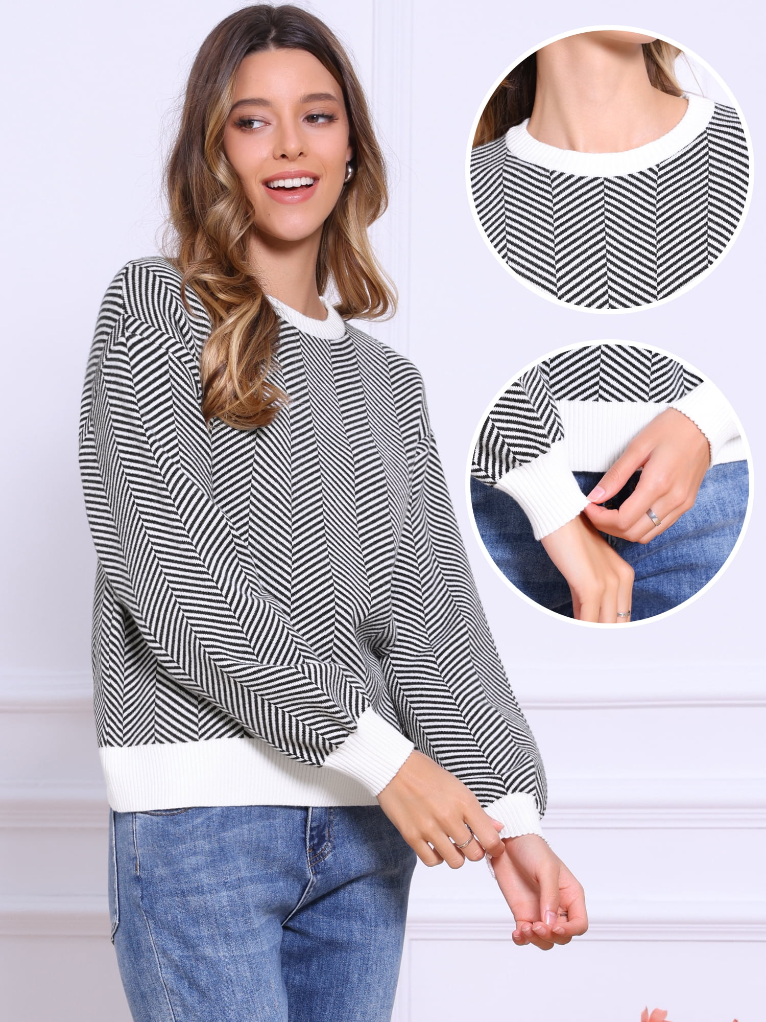 DARING DIVA Striped Sweater Crewneck Colorblock Knit Pullover Top XS Black White