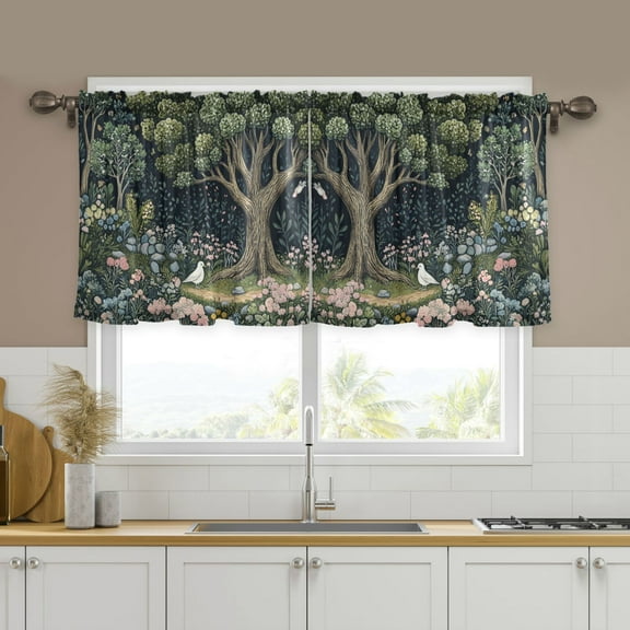 Yayeee Kitchen Curtains Tier Set of 2 Light Filtering 57"x24" Over Sink Window Panels, Green Forest Scene