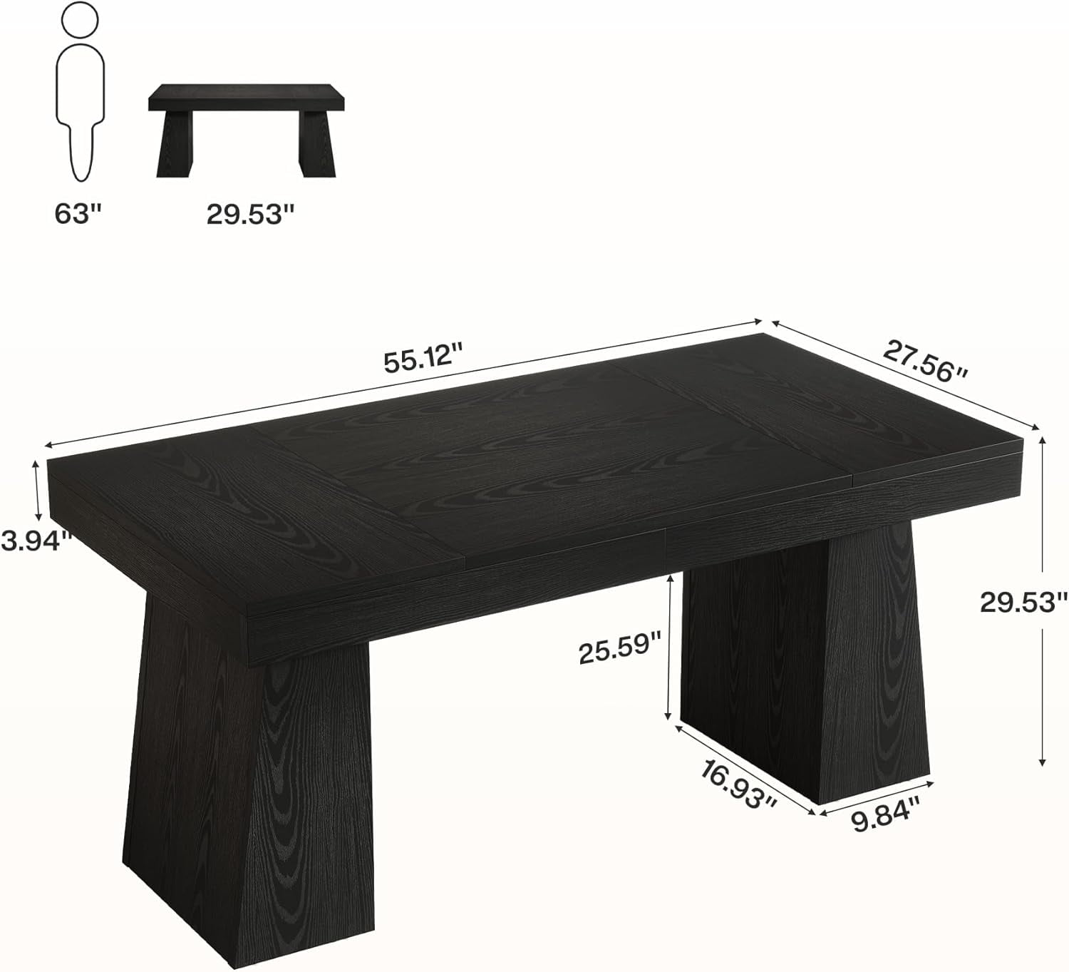 Finmind Large Wood Executive Desk, 55" Rectangle Office Desk with Double Pedestal, Modern Minimalist Computer Desk Workstations Conference Table Furniture for Home Office(Black)