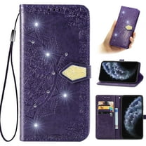 Wallet Case for iPhone 12 Mini, Glitter PU Leather Magnetic Closure Handbag Embossed Case Kickstand Card Holder Slots with Wrist Strap TPU Shockproof Flip Cover RFID Blocking, Purple