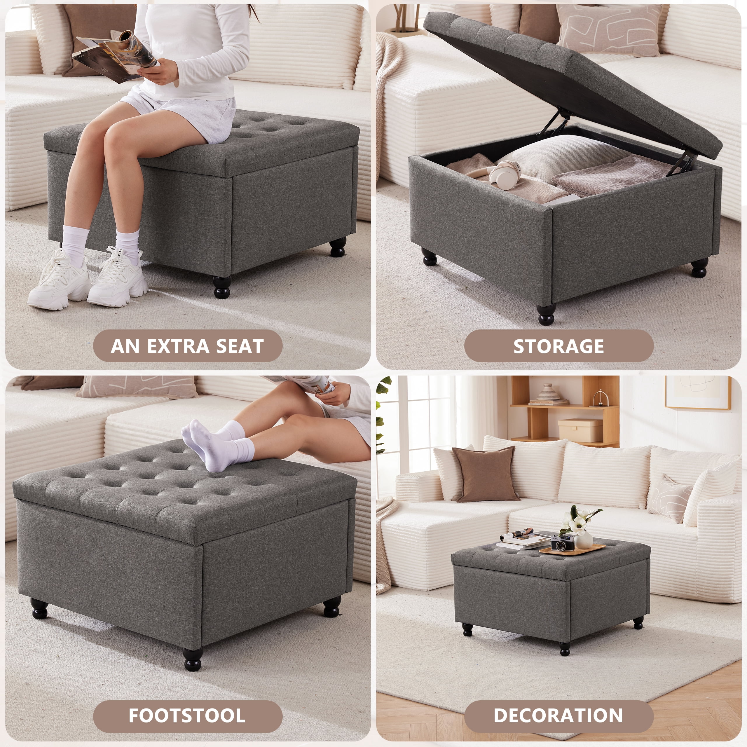 Weture 29.5-Inch Large Square Tufted Upholstered Storage Ottoman Coffee Table, Dark Grey