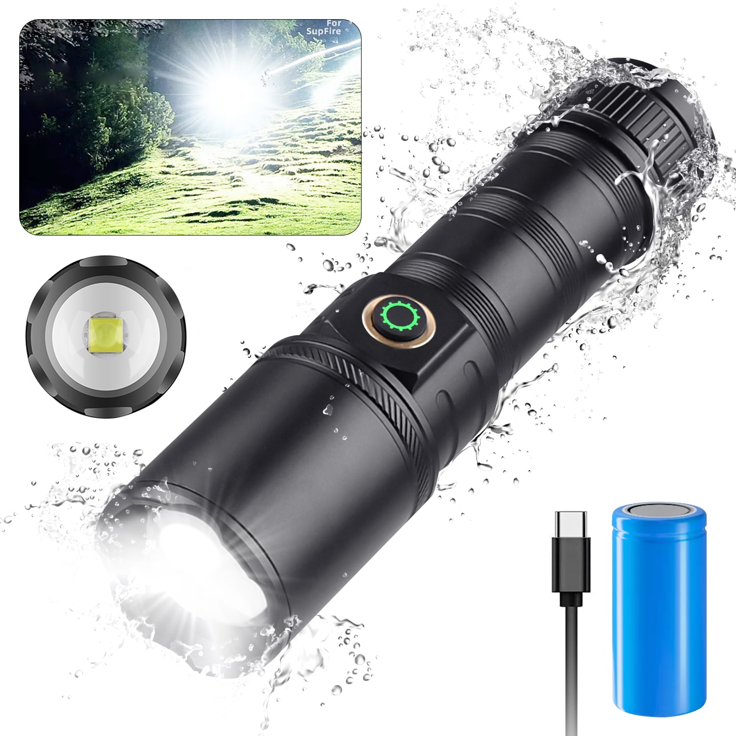 Powerful Flashlight 90000 High Lumens, Rechargeable Waterproof Super