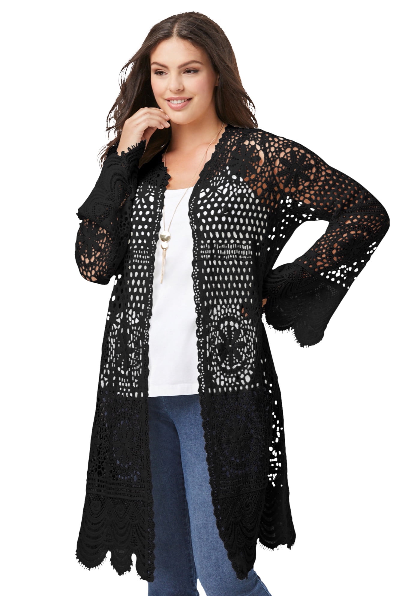 Roaman's Roaman's Women's Plus Size FloralLace Crochet Duster