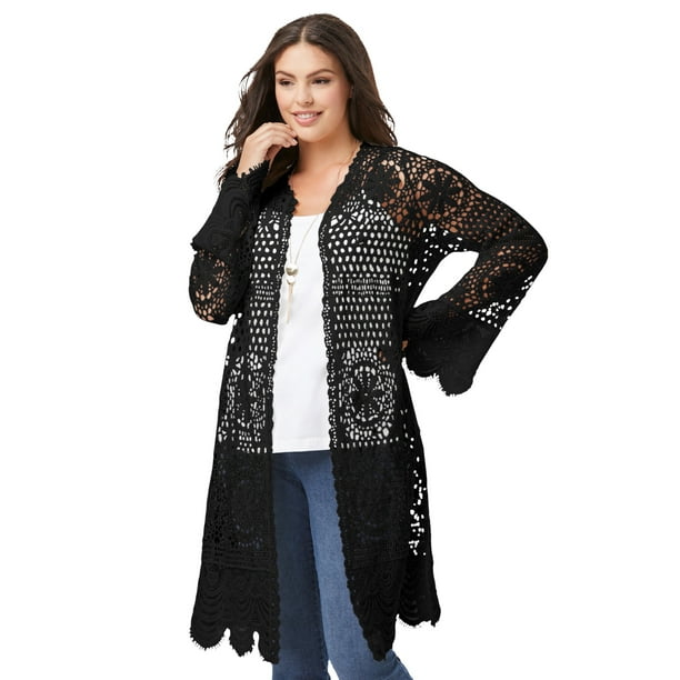 Roaman's Women's Plus Size Floral-Lace Crochet Duster Sweater - Walmart.com