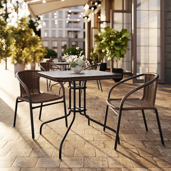 Flash Furniture 28'' Square Glass Metal Table with Dark Brown Rattan Edging and 2 Dark Brown Rattan Stack Chairs