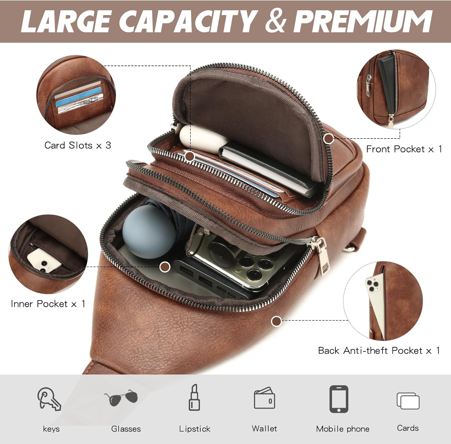 Sling Bag Crossbody Backpack - 2 in 1 Leather Cross Body Bag Fanny Pack with 2 Removable Straps