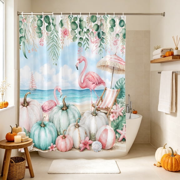 Shower Curtain,Thanksgiving Pumpkin Beach Flamingo Waterproof Shower Curtain Set with Hooks for Bathroom Showers,Stalls and Bathtubs,36x72in,Green Eucalyptus Leaves