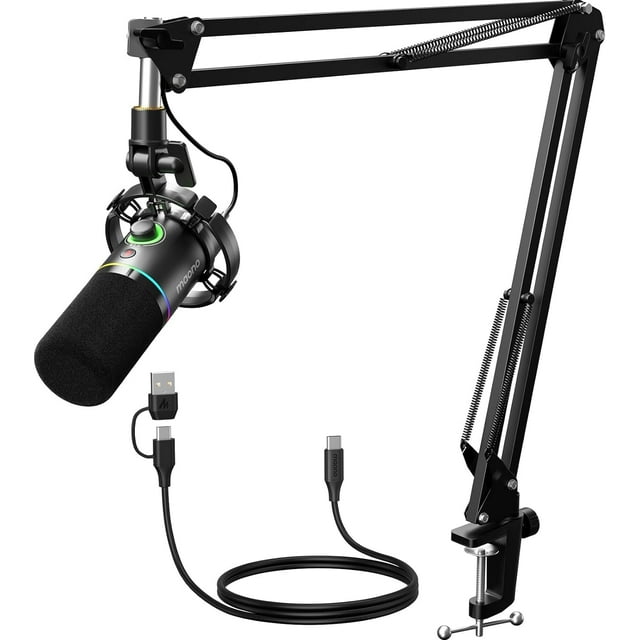 MAONO Kit de micrófono dinámico XLR/USB, micrófono RGB Podcast con software, silencio, perilla de ganancia, control de volumen, brazo de soporte para streaming, juegos, voz en off, grabación-PD200XS n