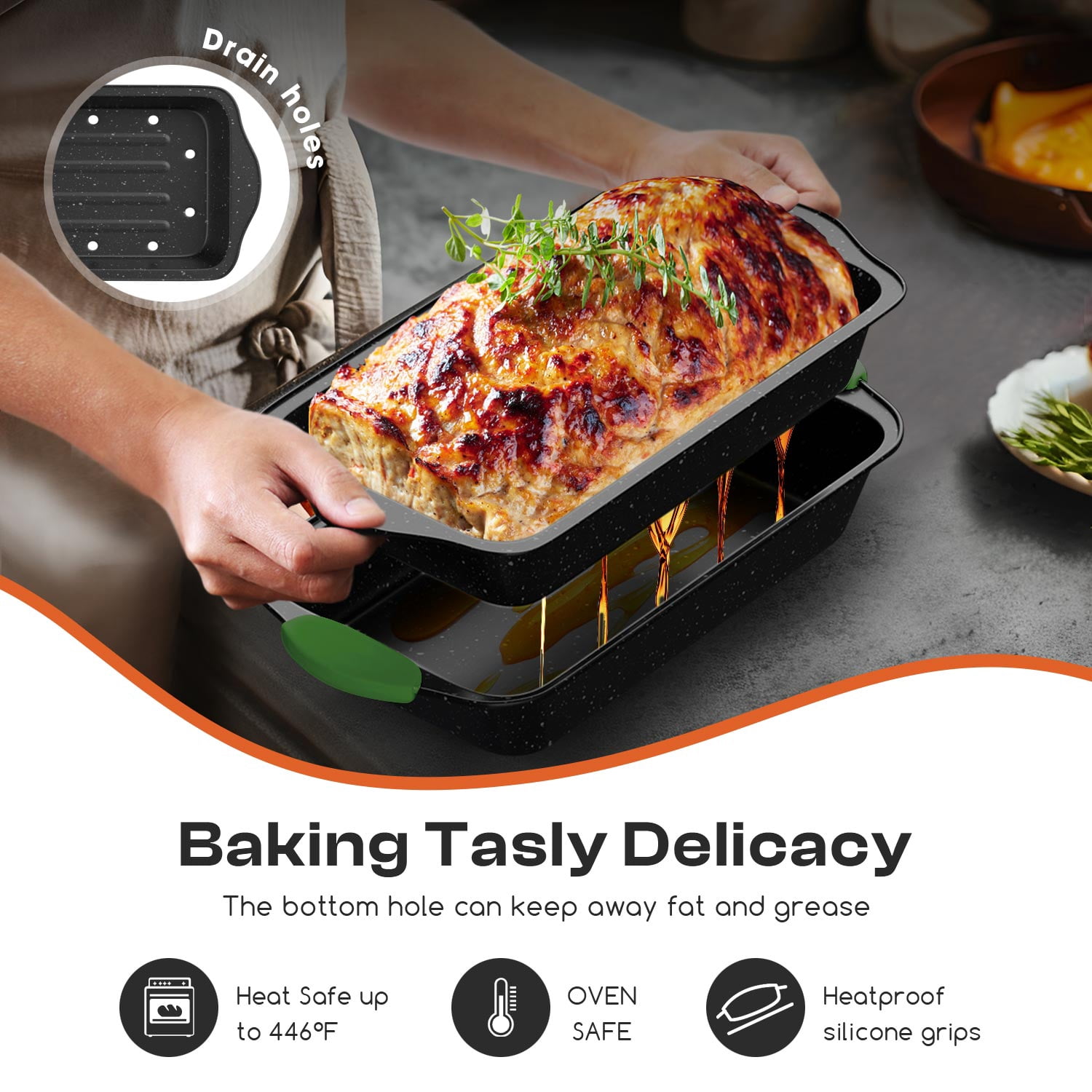 Slow Slog Nonstick Bakeware Set, 14-Piece Baking Pans Set, Stackable Baking Sheet Pans with Silicone Handles,Green&Black