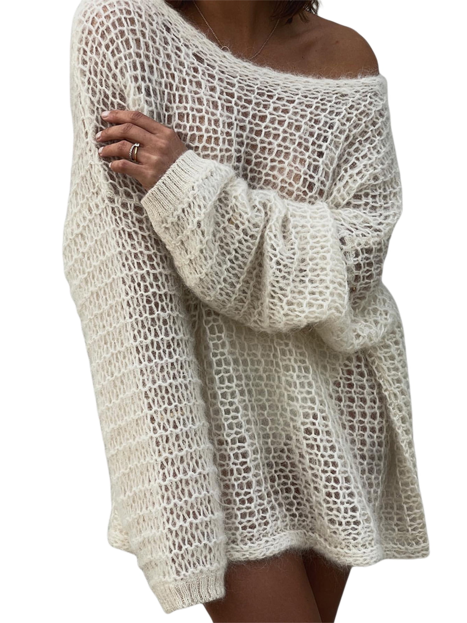 TheFound Women Hollow Out Crochet Knit Sweater Vintage Y2K Cover Up Tops Long Sleeve Pullover Shirt See Through Knitwaear Beige M