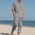 thumbnail image 4 of Hinvhai Men 2 Piece Linen Set Outfits Drawstring Long Pants Button Down Roll Up Sleeve Shirts Beach Wedding Suit Sets Gray M(M), 4 of 9