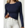 thumbnail image 2 of Long Sleeved Women's Slim Round Neck Shirt Exposed Seam Ribbed Basic Top, 2 of 5
