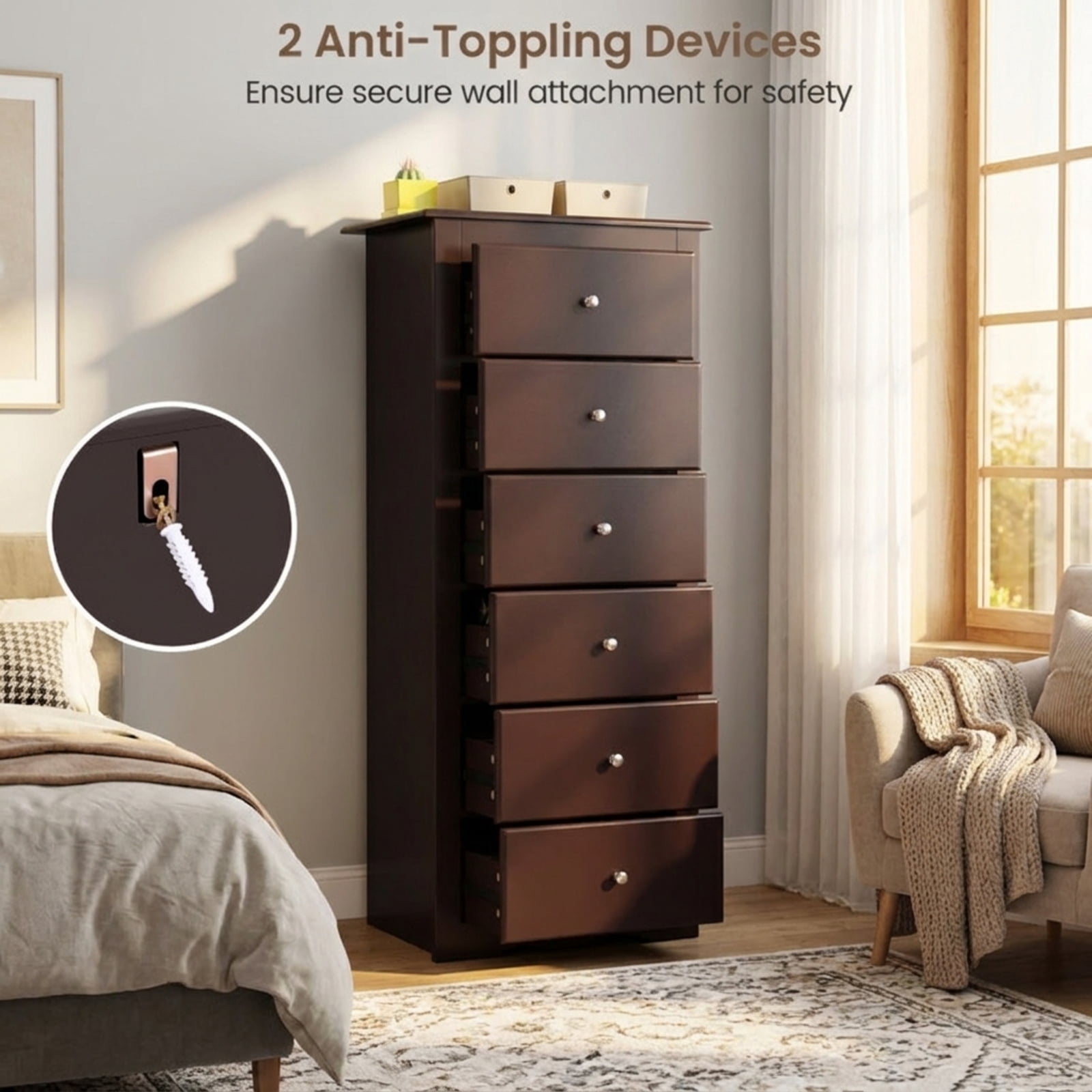 Furnibear 6 Drawers Chest Dresser Clothes Storage Bedroom Furniture Cabinet for Home Office Mobile Storage Cabinet with Wheels, Brown