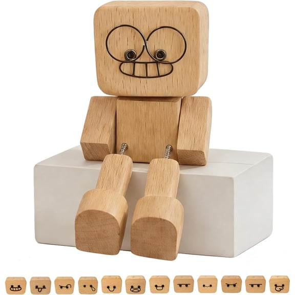 Charming Shaking Feet Wooden Man Figurine, Little Wooden Statue That Sways, Car Dashboard Figurines with Spring Legs with Rich Expression Accessories Decorations Doll Gifts(1PC Magnetic Expressions)