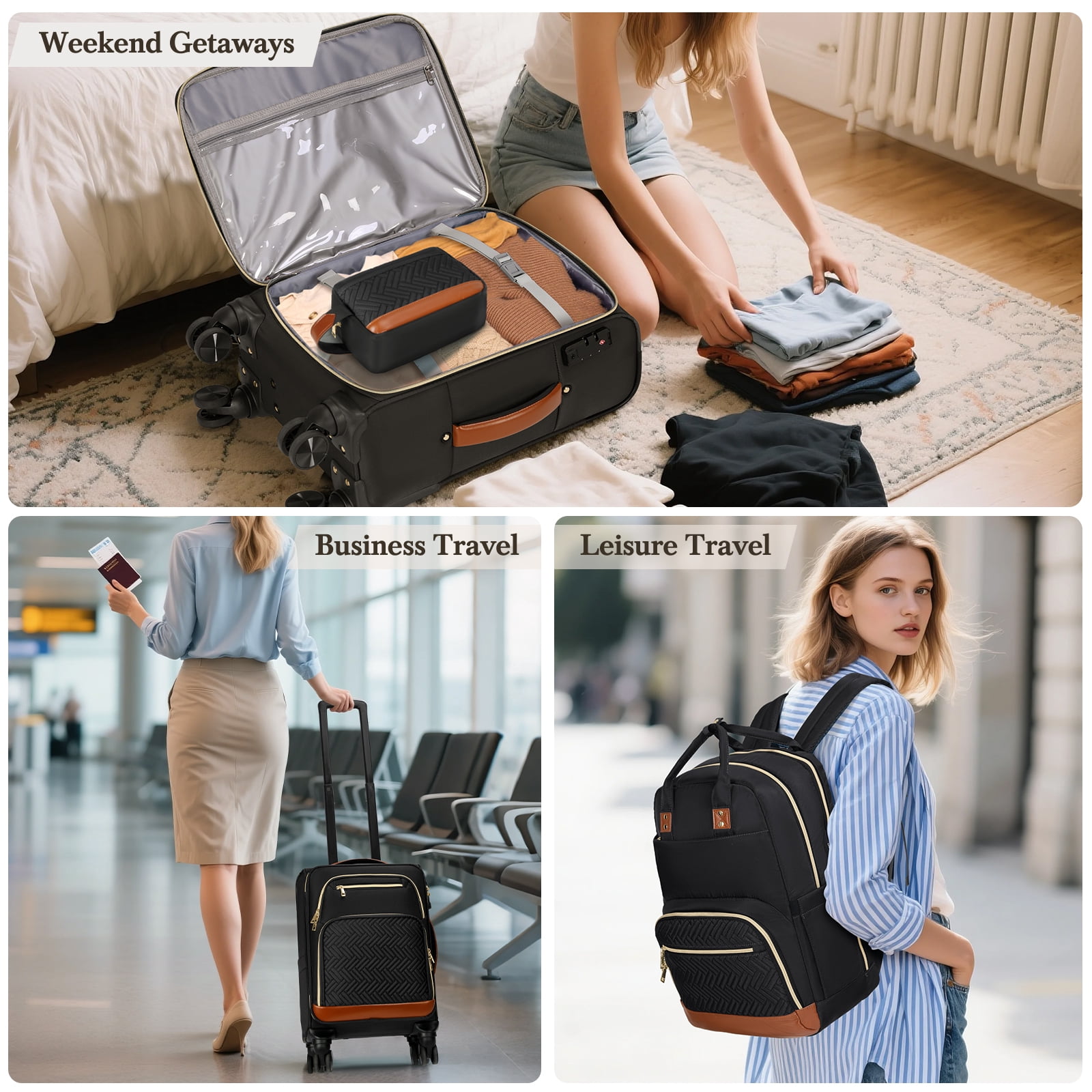 RAINSMORE 3 Piece Carry on Luggage Set with Backpack 20 Inch Softside Suitcases with Wheels Rolling Carry On Suitcase with TSA Lock for Travel Weekender,Black