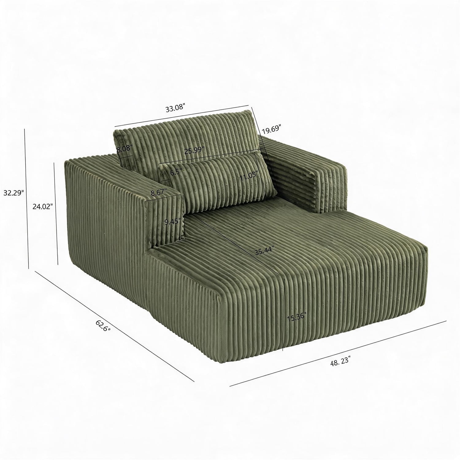 Hommoo Compressed Sofa Couch Bed with 2 Lumbar Pillows, Modern Corduroy Fabric Convertible Sleeper, for Living Room, Bedroom & Apartment, Green