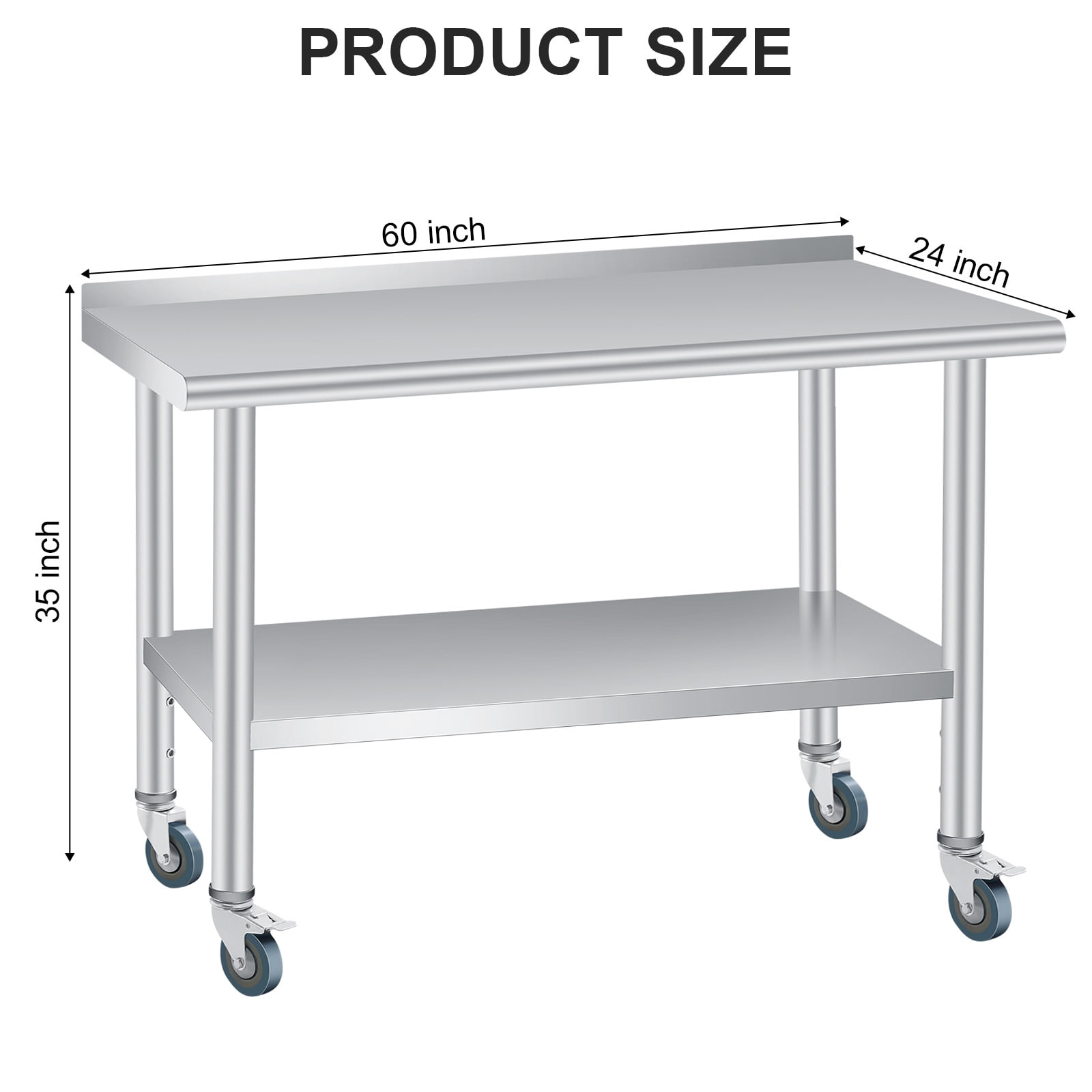 Gaderth Kitchen Prep Table, Prep Table With Storage, Heavy Duty Stainless Steel Kitchen Work Table With Backsplash And 4 Caster Wheels, Kitchen Utility Table, Metal Prep Table For Restaurant, Home