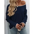 thumbnail image 4 of Women'S Fall Sweaters 2025 Casual Crew Neck Contrast Long Sleeve Knit Pullovers Jumper Tops Navy Blue L, 4 of 7