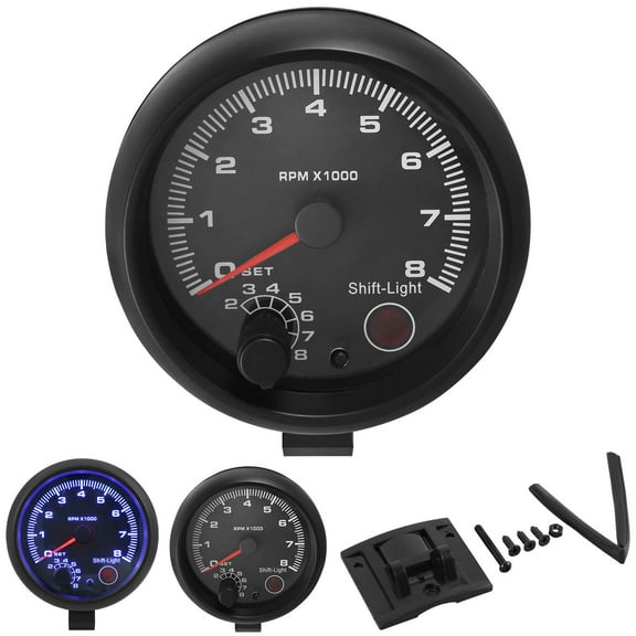 Car Tachometer Gauge Universal Car RPM Tachometer Gauge 3.75in Automobile Tachometer Adjustable Blue Inter Shift Light 0-8000RPM with Install Accessories for 12V Petrol Cars 1-2 Cylinder Motorbike