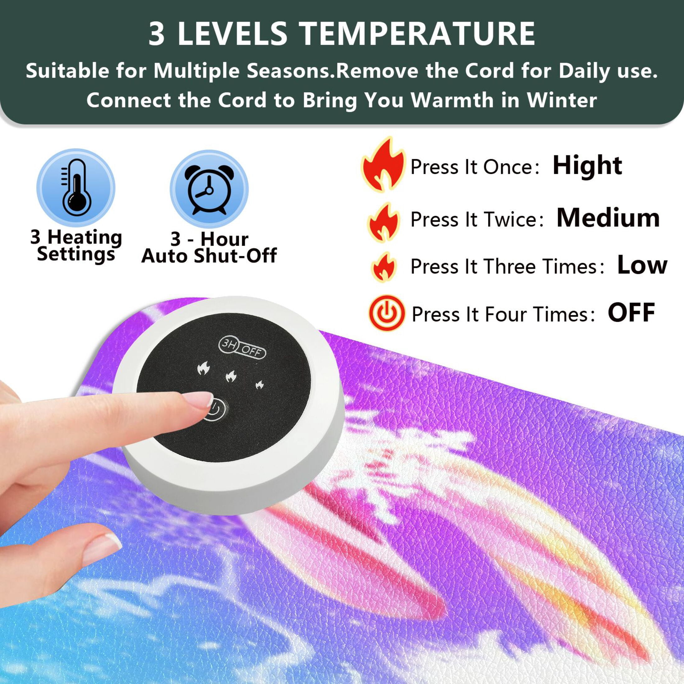 Large Heated Desk Mat Mouse Pad 31.5"x13"PU Leather Graphene Heating Desk Warmer with 3 Temperature Settings 110V US Plug Non-Slip Warm Pad for Home, Office, and Gaming Colorful Polar Bear Pattern