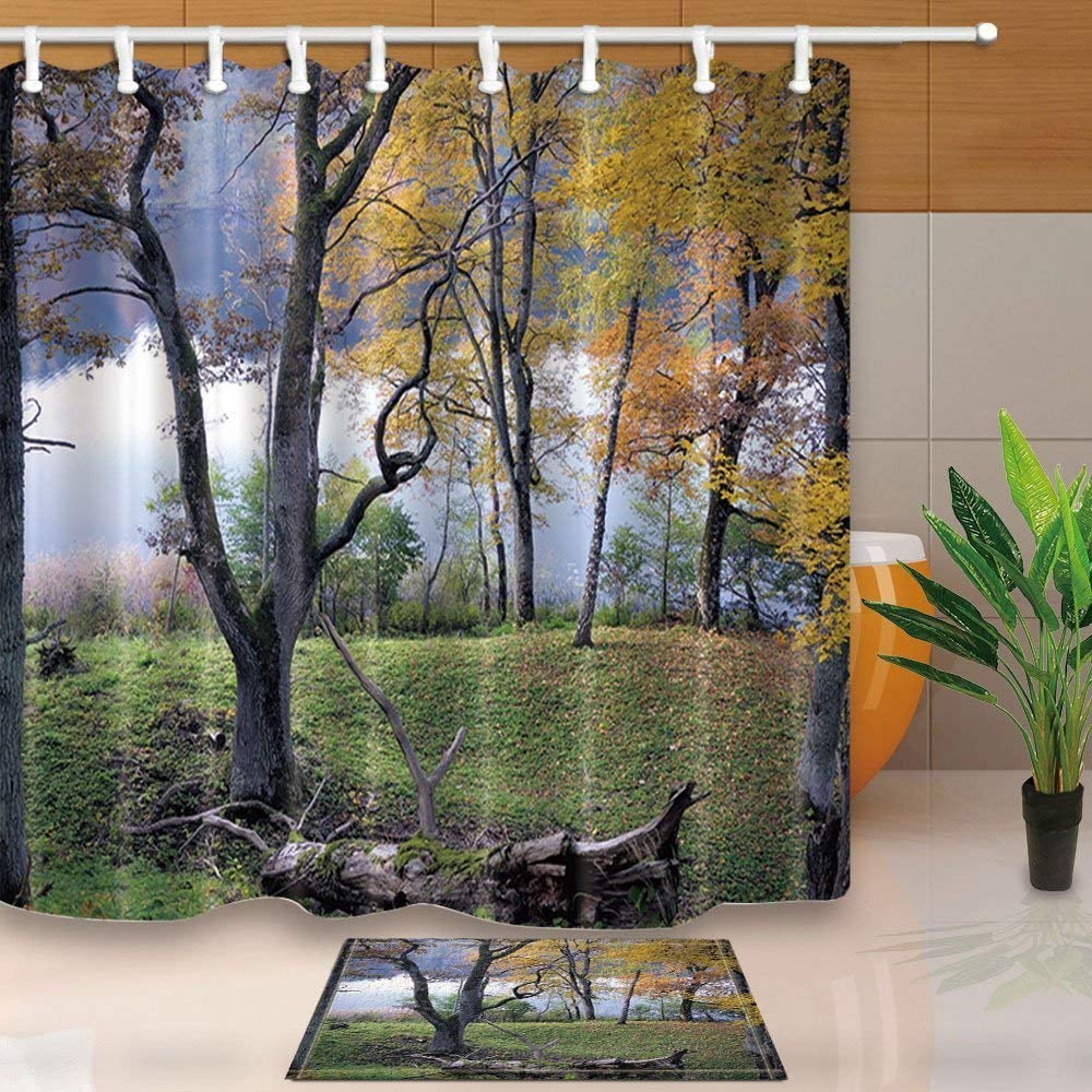 WOPOP Nature Scenery Decor Green Forest Landscape Against Big Lake