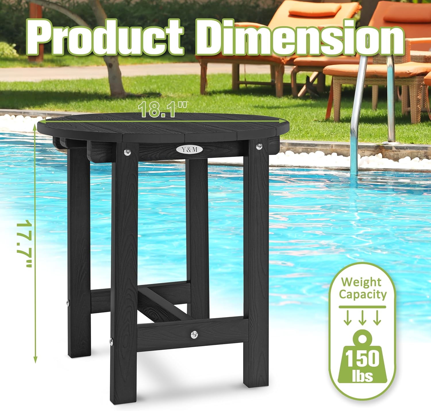 Y&M Outdoor Side Table, Waterproof Four-Legged Round Entryway End Table, Single-Tier HIPS Modern Small Coffee Nightstand for Bedroom, Living Room, Patio, Indoor or Outdoor Use, Black