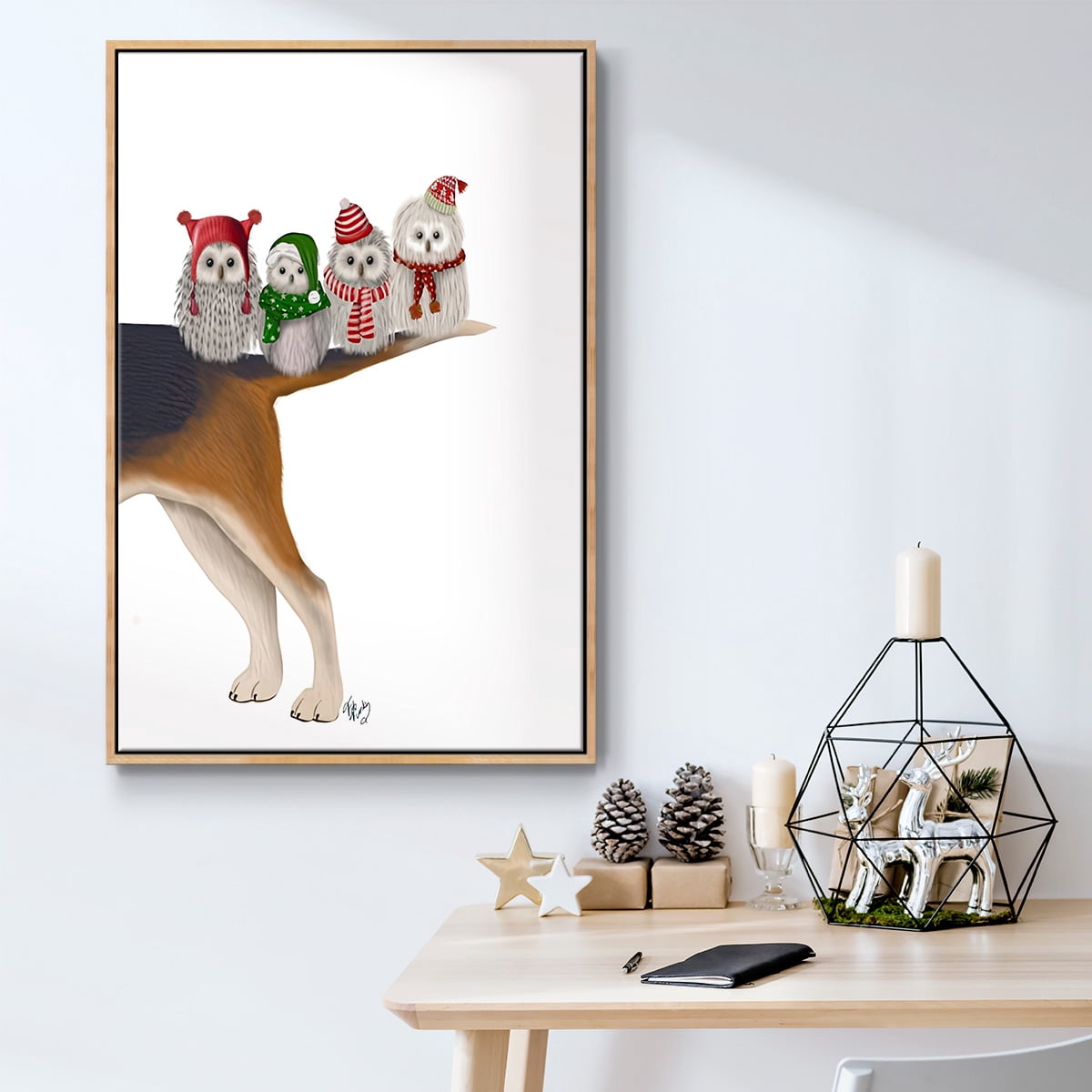 Christmas Bummer Owls - Framed Gallery Wrapped Holiday Canvas - 17 x 25 - Natural Wood Frame