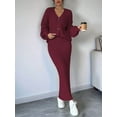 thumbnail image 4 of Womens Sweater Dress Knit Two Piece Maxi Skirt Sets Wine Red S, 4 of 8