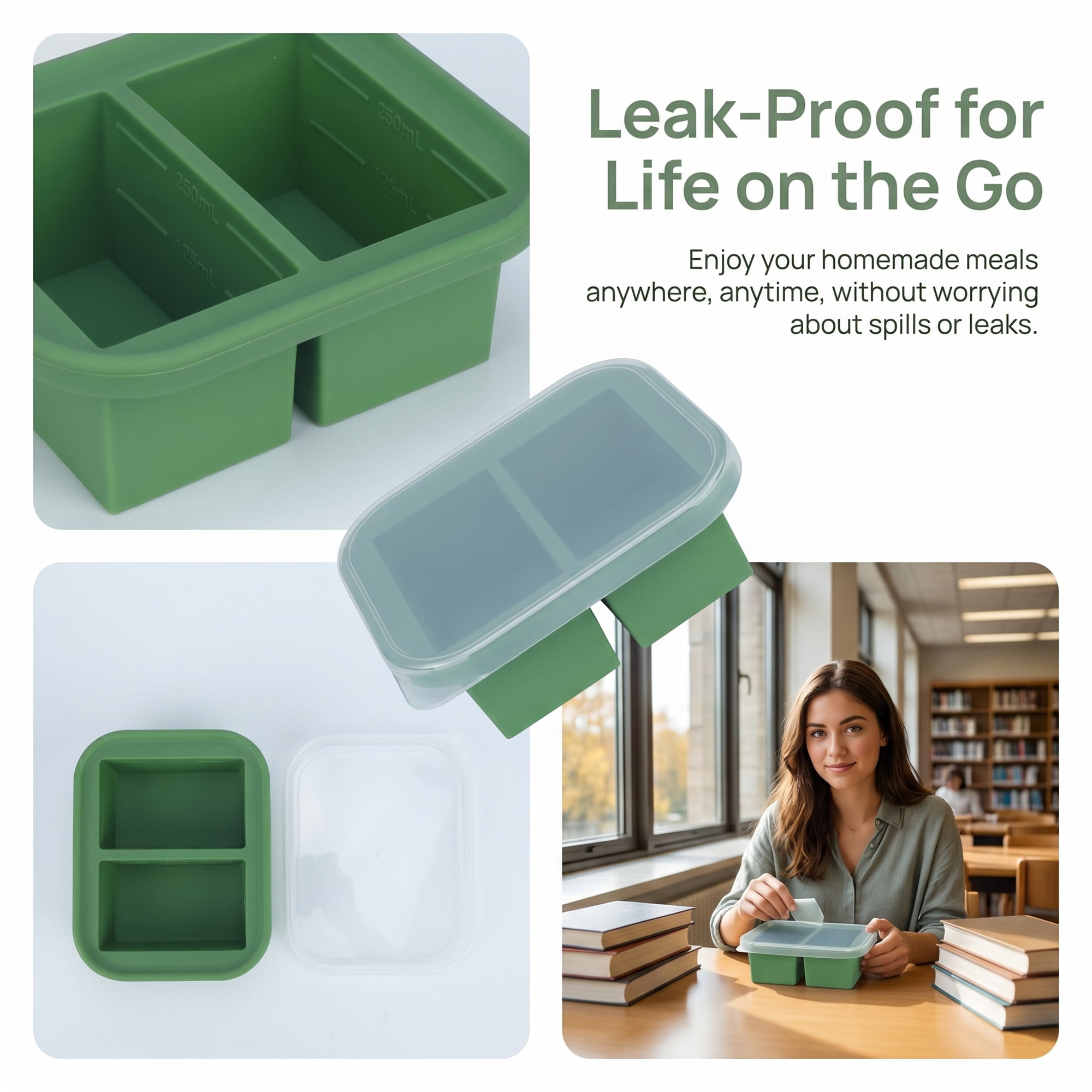 Unique Bargains Silicone Leak-Proof Meal Prep Container Lunch Bento Box Green-1