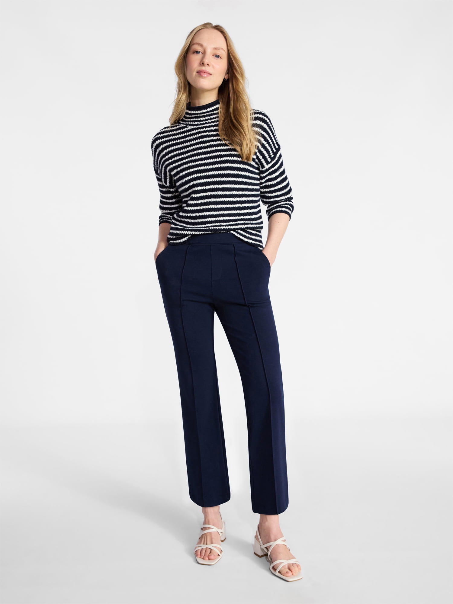 Time and Tru Women's Stripe Funnel Neck Sweater with Long Sleeves, Midweight, Sizes, XS-XXXL