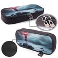 thumbnail image 4 of Picia Lighthouse in a Stormy Sea Pattern Large Capacity PU Leather Pencil Case Organizer Pen Marker Holder Double Zipper Storage Bag Big Pencil Pouch for College Office, 4 of 6