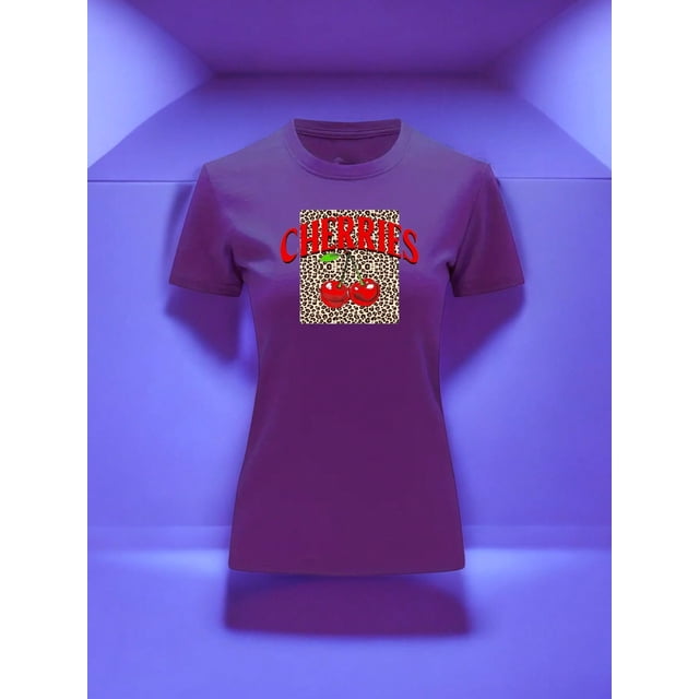 Playera Blusa De Cerezas Cherries Con Fondo Animal Print Vintage Color Morado Talla Grande Marca Emil SaEs