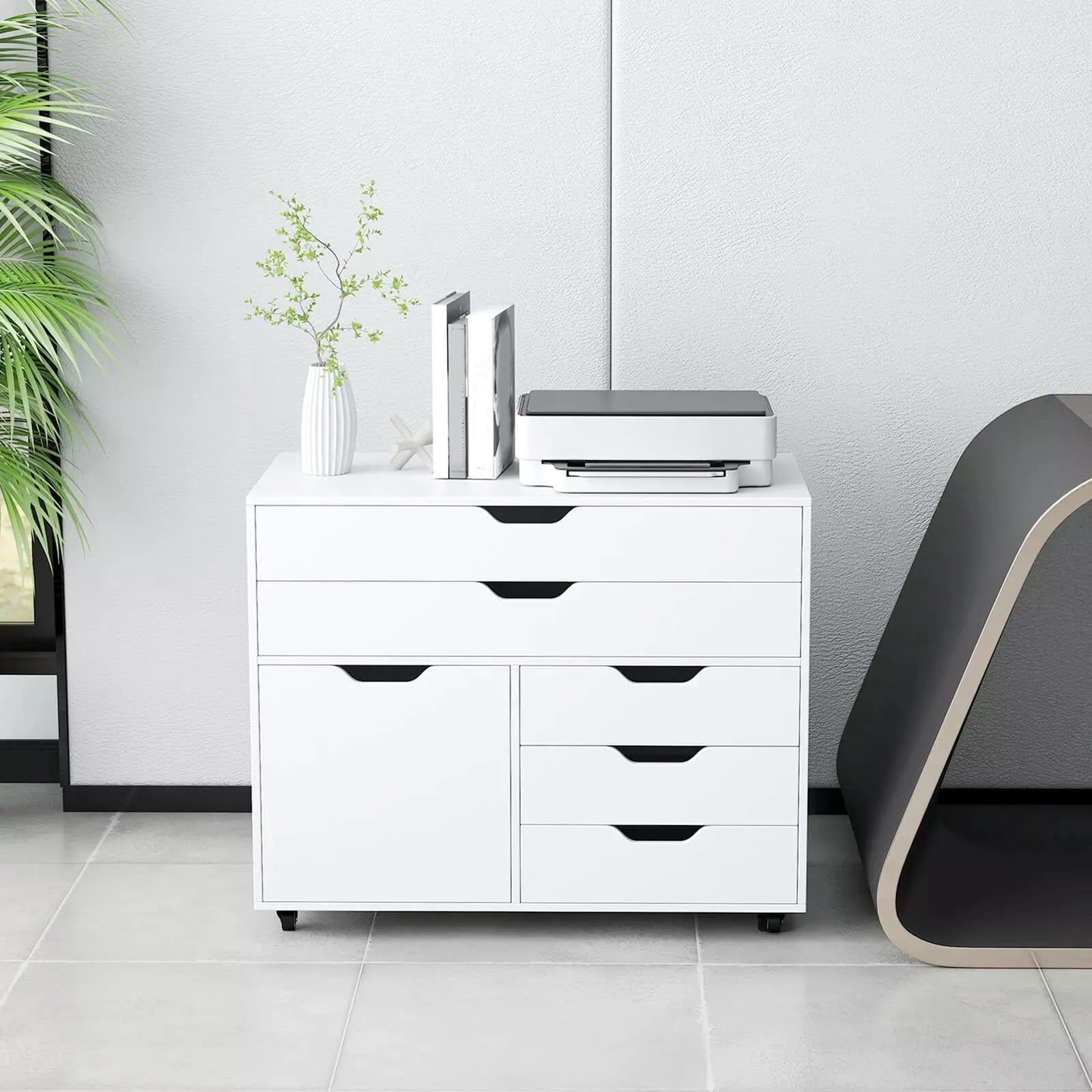 Harmijoy 5-Drawer File Cabinet w/Side Cabinet, Mobile Chest of Drawers w/ Side Cabinet, Door Cabinet with 5 Casters, Rolling Lateral Filing Cabinet