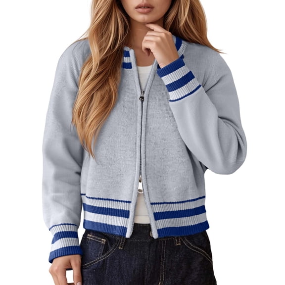 Bibifish Womens Cardigan Sweater Peppy Style Knit Cardigan Blue Stripe Full Zip Front Casual Baseball Daily Wear Classic Cardigan